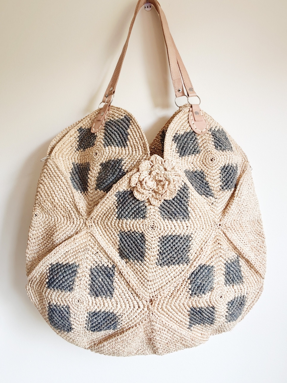 Handwoven raffia Straw Tote Bag with Gray Accent